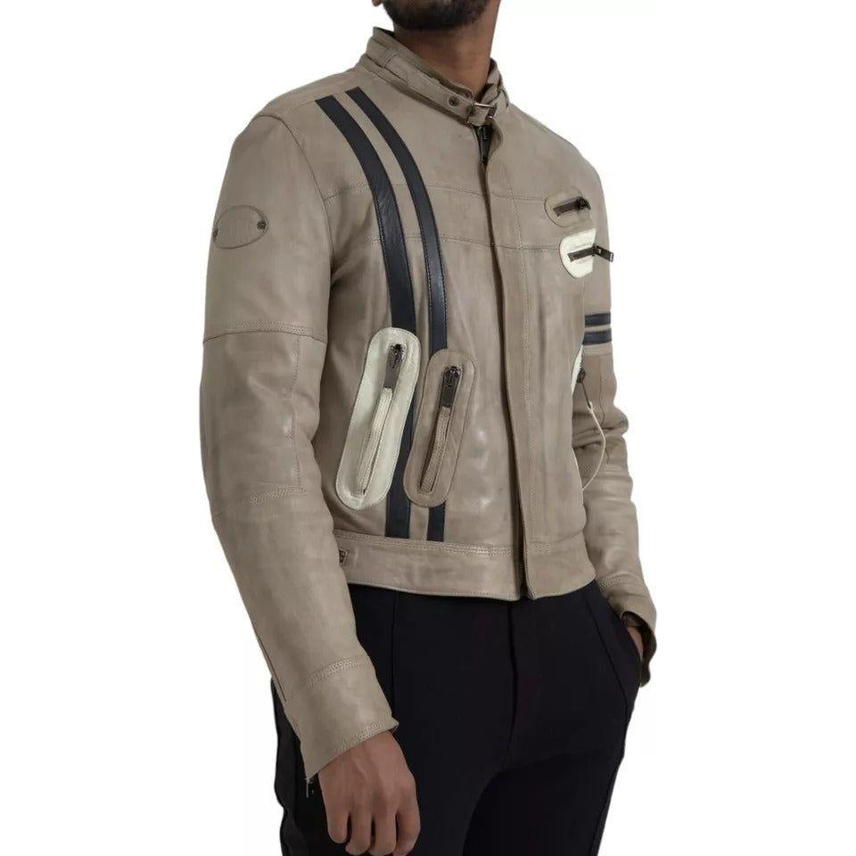 Dolce & Gabbana Beige Leather Full Zip Biker Coat Jacket Dolce & Gabbana Dim Gray