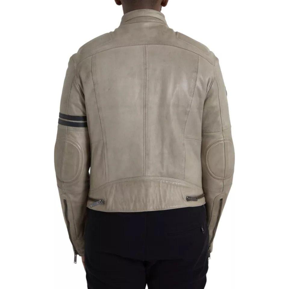 Dolce & Gabbana Beige Leather Full Zip Biker Coat Jacket Dolce & Gabbana Light Slate Gray