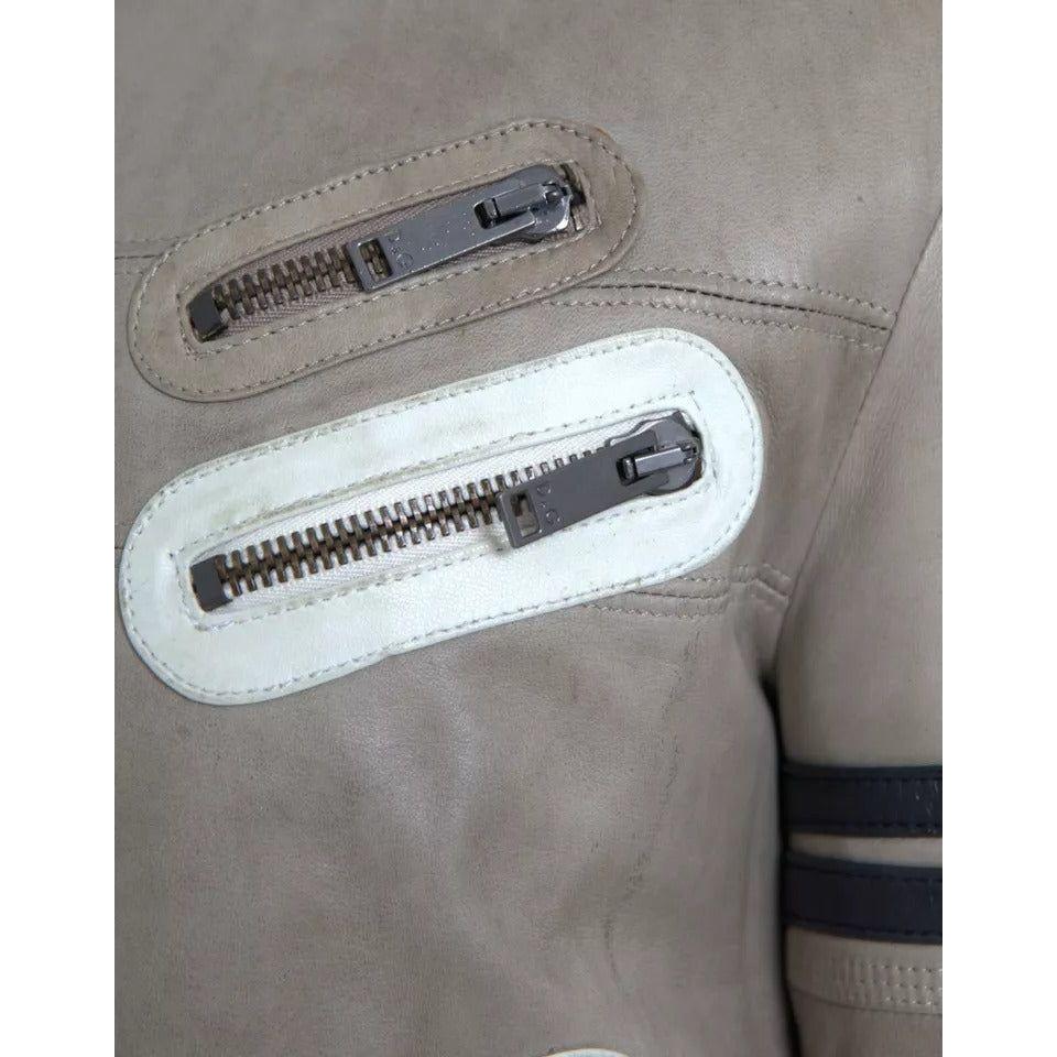 Dolce & Gabbana Beige Leather Full Zip Biker Coat Jacket Dolce & Gabbana Slate Gray