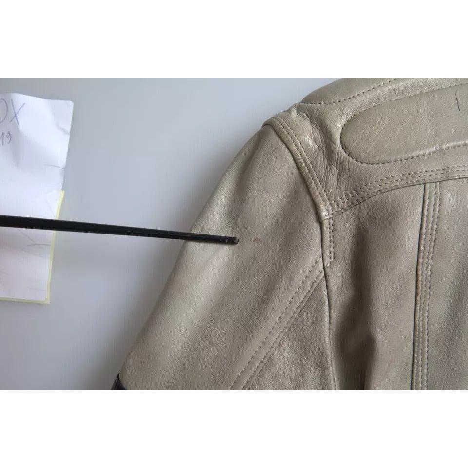 Dolce & Gabbana Beige Leather Full Zip Biker Coat Jacket Dolce & Gabbana Dark Gray