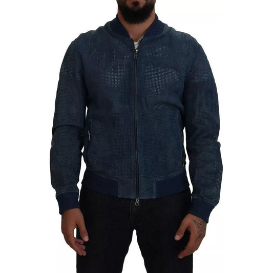Dolce & Gabbana Blue Leather Perforated Full Zip Jacket