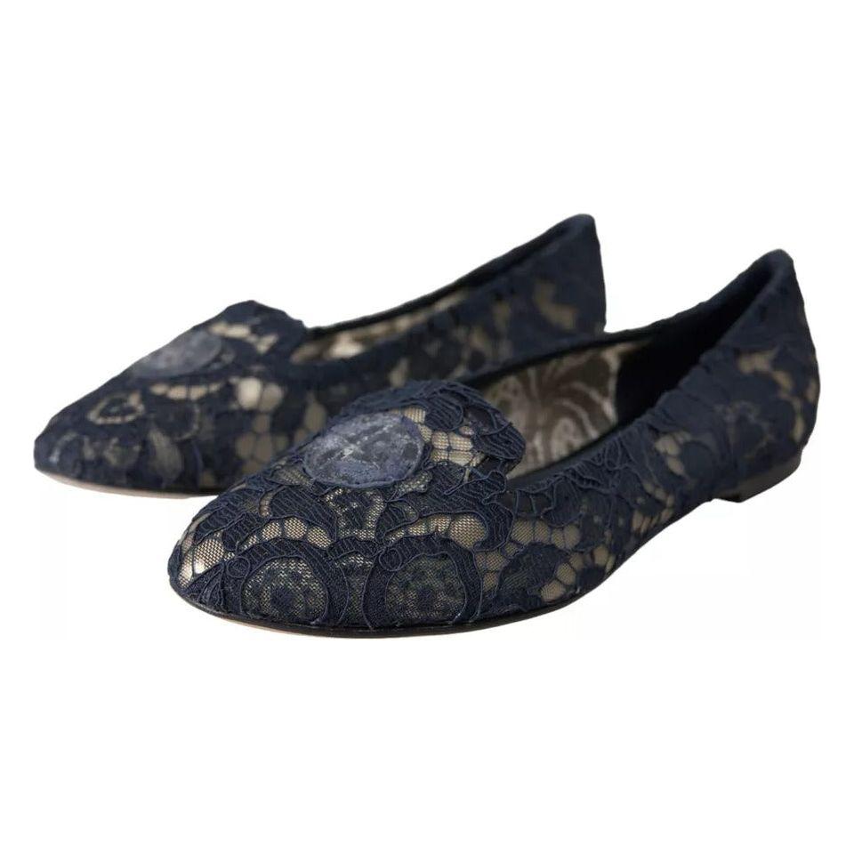 Dolce & Gabbana Dark Blue Taormina Lace Slip On Flats Shoes Dolce & Gabbana Dark Slate Gray