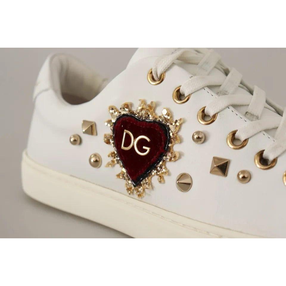 Dolce & Gabbana White Leather Gold Red Heart Sneakers Shoes Dolce & Gabbana Gray