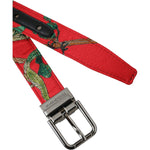 Dolce & Gabbana Red Leather Jacquard Silver Metal Buckle Belt BEL9221-90