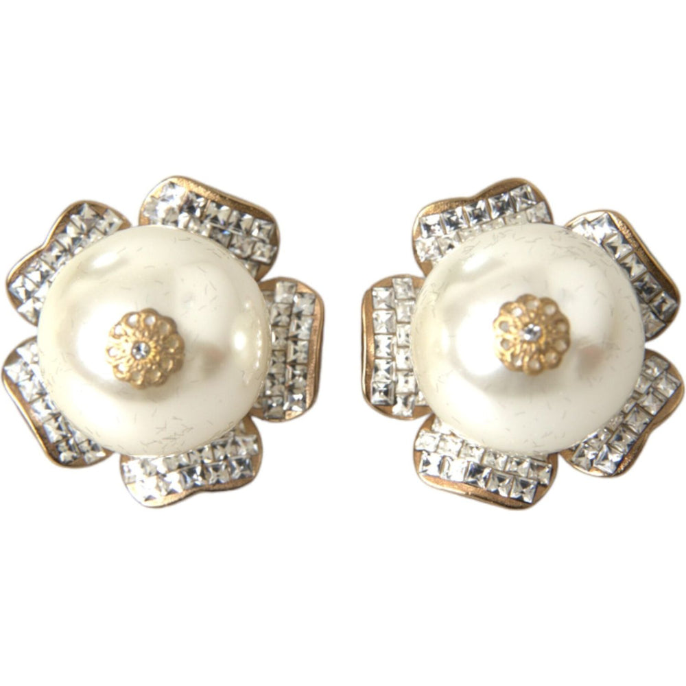 Dolce & Gabbana Gold Tone Maxi Faux Pearl Floral Clip-on Jewelry Earrings SMY10169