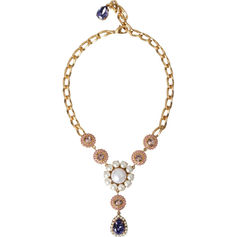 Dolce & Gabbana Gold Brass Crystal Purple Pink Pearl Pendants Necklace SMY10288