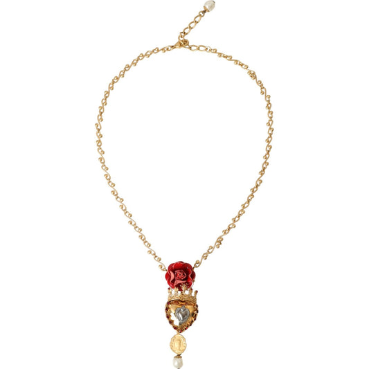 Dolce & Gabbana Gold BrassChain Sacred Heart Rose Crystal Charm Necklace Necklace