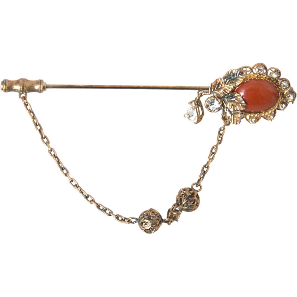 Dolce & Gabbana Gold Brass Crystal Chain 925 Sterling Silver Pin Brooch SMY10290