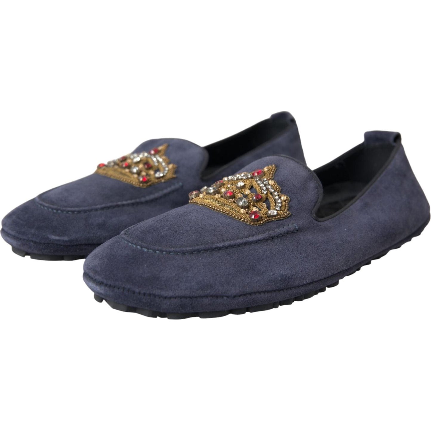 Dolce & Gabbana Blue Leather Suede Crystal Crown Loafers Shoes Dolce & Gabbana Dark Slate Gray