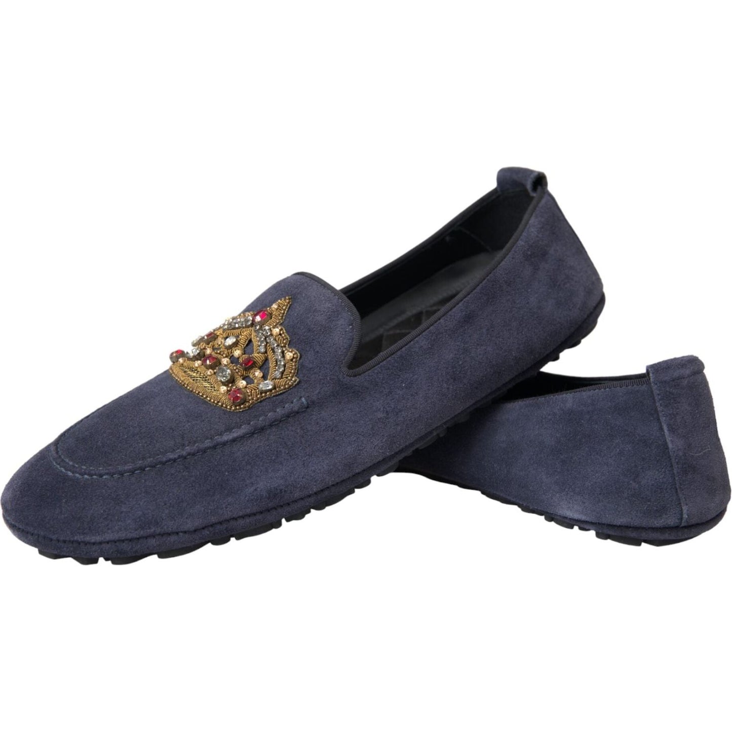 Dolce & Gabbana Blue Leather Suede Crystal Crown Loafers Shoes Dolce & Gabbana Dark Slate Gray