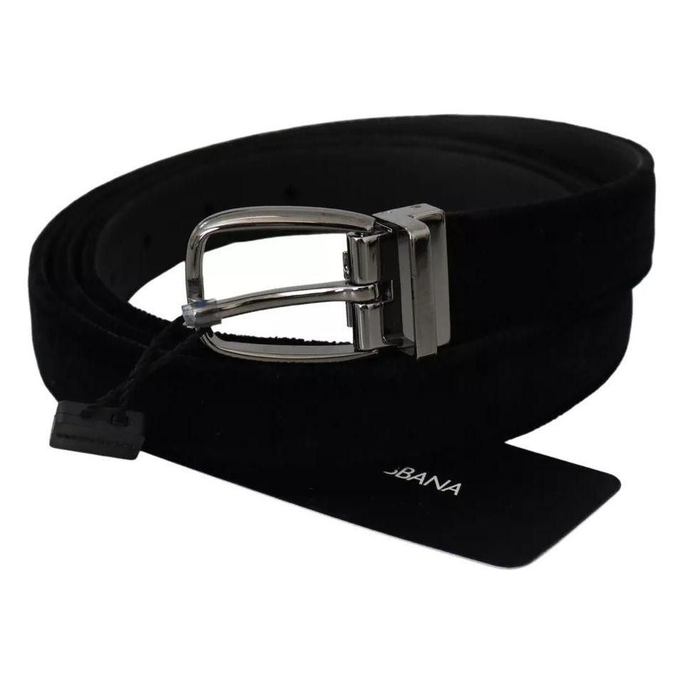 Dolce & Gabbana Black Velvet Silver Tone Metal Buckle Men Belt