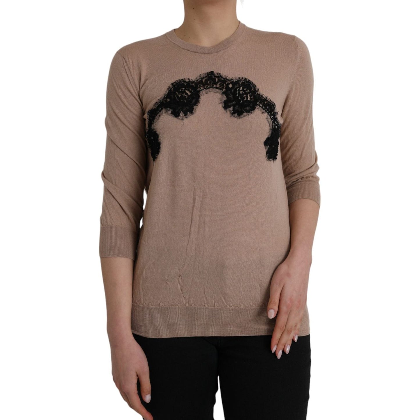Dolce & Gabbana Brown Wool Black Lace 3/4 Sleeve Blouse Top Dolce & Gabbana Dim Gray