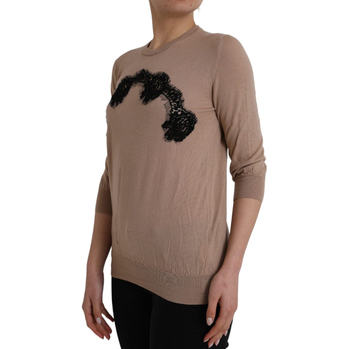 Dolce & Gabbana Brown Wool Black Lace 3/4 Sleeve Blouse Top Dolce & Gabbana Dim Gray