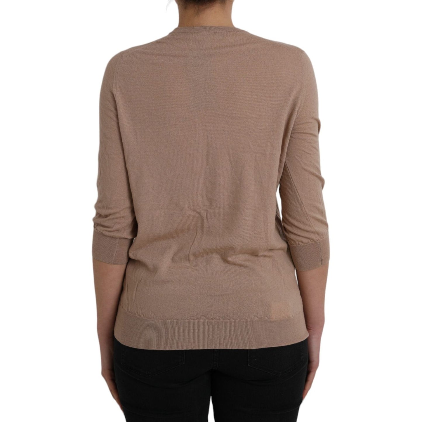 Dolce & Gabbana Brown Wool Black Lace 3/4 Sleeve Blouse Top Dolce & Gabbana Dim Gray