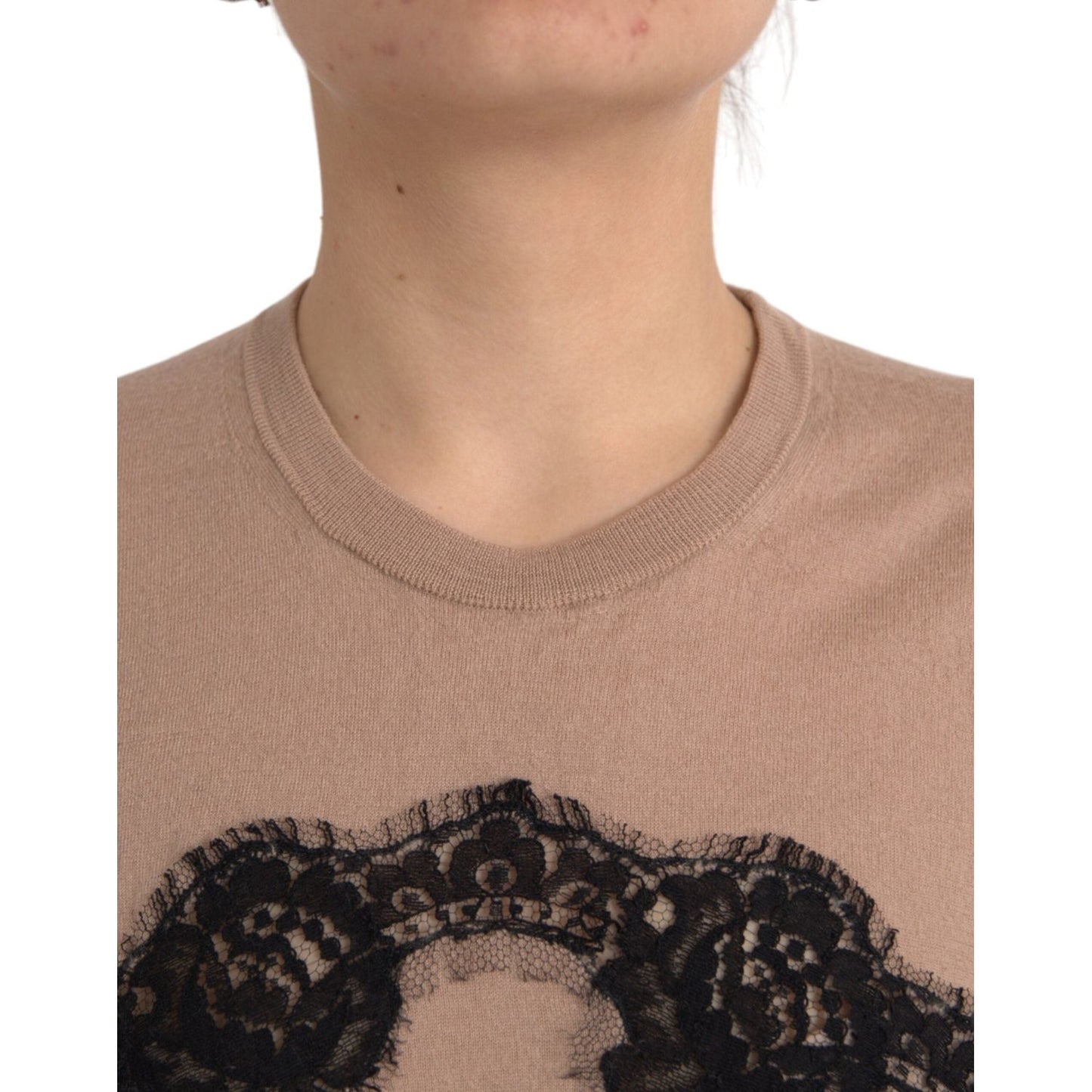 Dolce & Gabbana Brown Wool Black Lace 3/4 Sleeve Blouse Top Dolce & Gabbana Rosy Brown