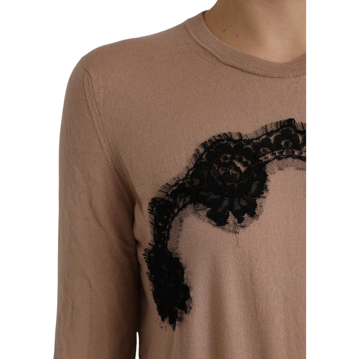 Dolce & Gabbana Brown Wool Black Lace 3/4 Sleeve Blouse Top Dolce & Gabbana Dim Gray