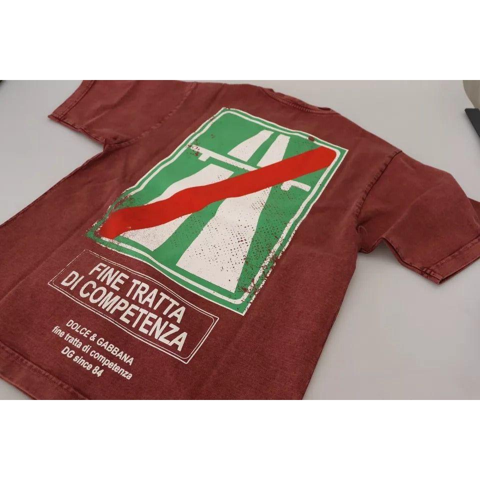Dolce & Gabbana Maroon Printed Crewneck Tee Cotton T-shirt Dolce & Gabbana Saddle Brown