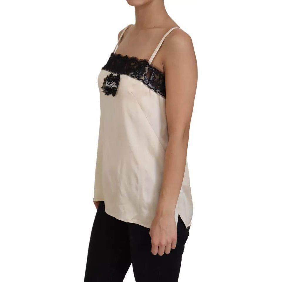 Dolce & Gabbana Beige Lace Spaghetti Logo Embroidery Top Dolce & Gabbana Rosy Brown