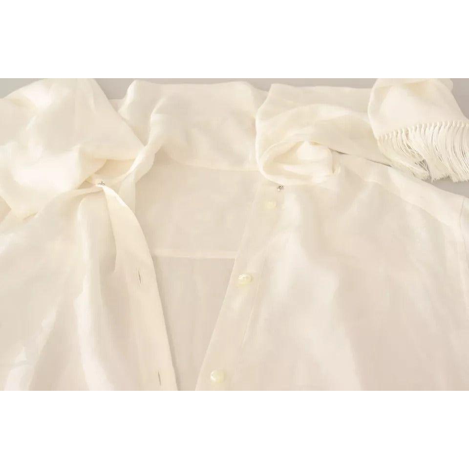 Dolce & Gabbana White Blouse Ascot Collar Shirt Silk Button Top Dolce & Gabbana Light Gray