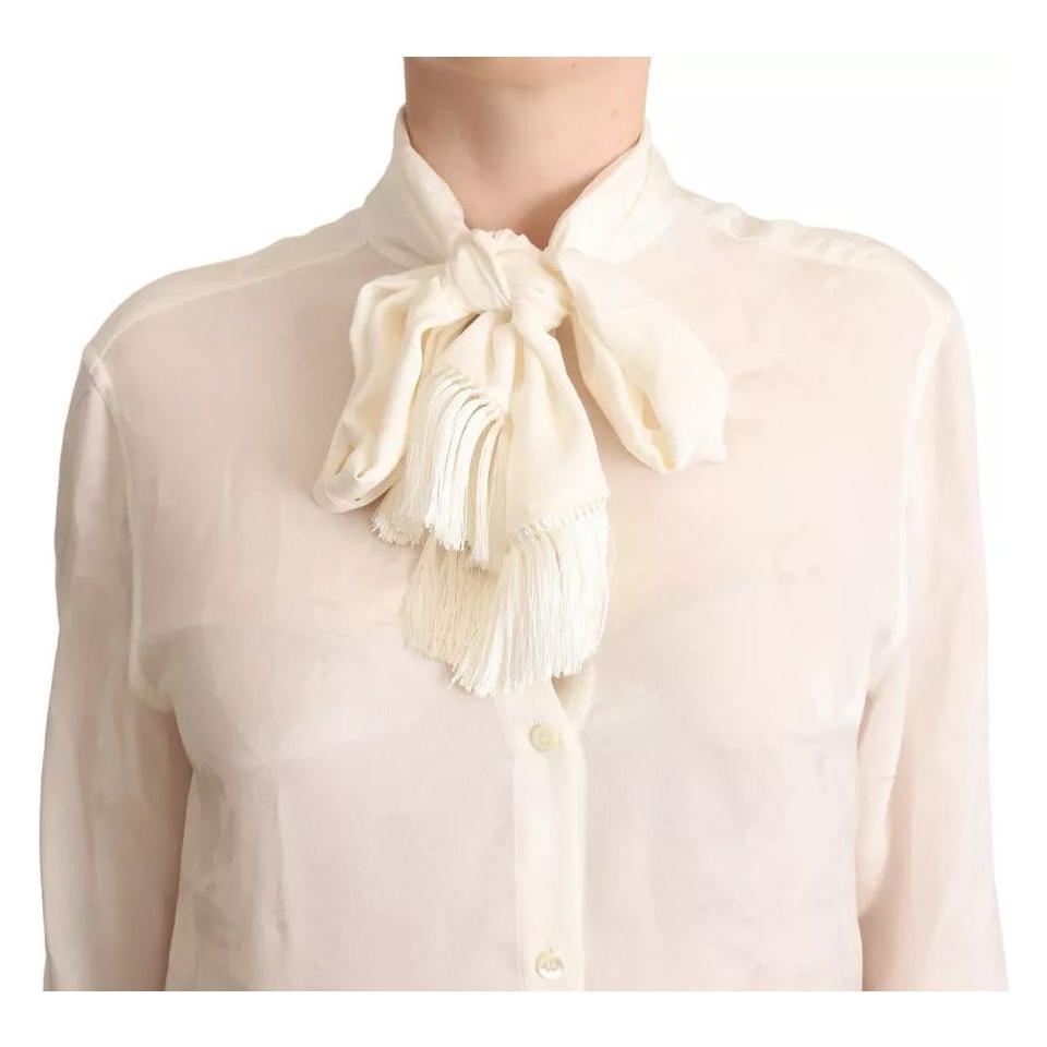 Dolce & Gabbana White Blouse Ascot Collar Shirt Silk Button Top Dolce & Gabbana Antique White