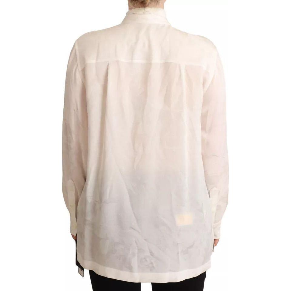 Dolce & Gabbana White Blouse Ascot Collar Shirt Silk Button Top Dolce & Gabbana Light Gray