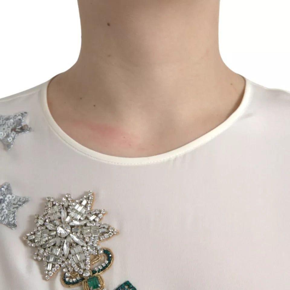 Dolce & Gabbana White Silk Crystal 3/4 Sleeves Blouse Top Dolce & Gabbana Gray