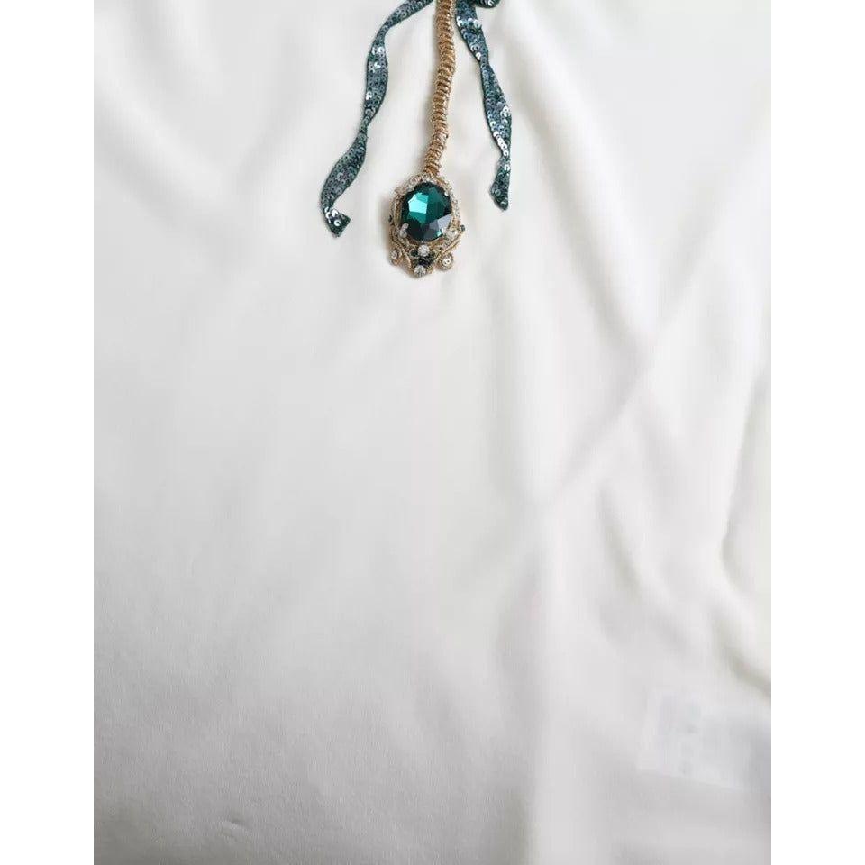 Dolce & Gabbana White Silk Crystal 3/4 Sleeves Blouse Top Dolce & Gabbana Light Gray
