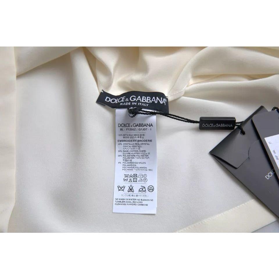 Dolce & Gabbana White Silk Crystal 3/4 Sleeves Blouse Top Dolce & Gabbana Gray