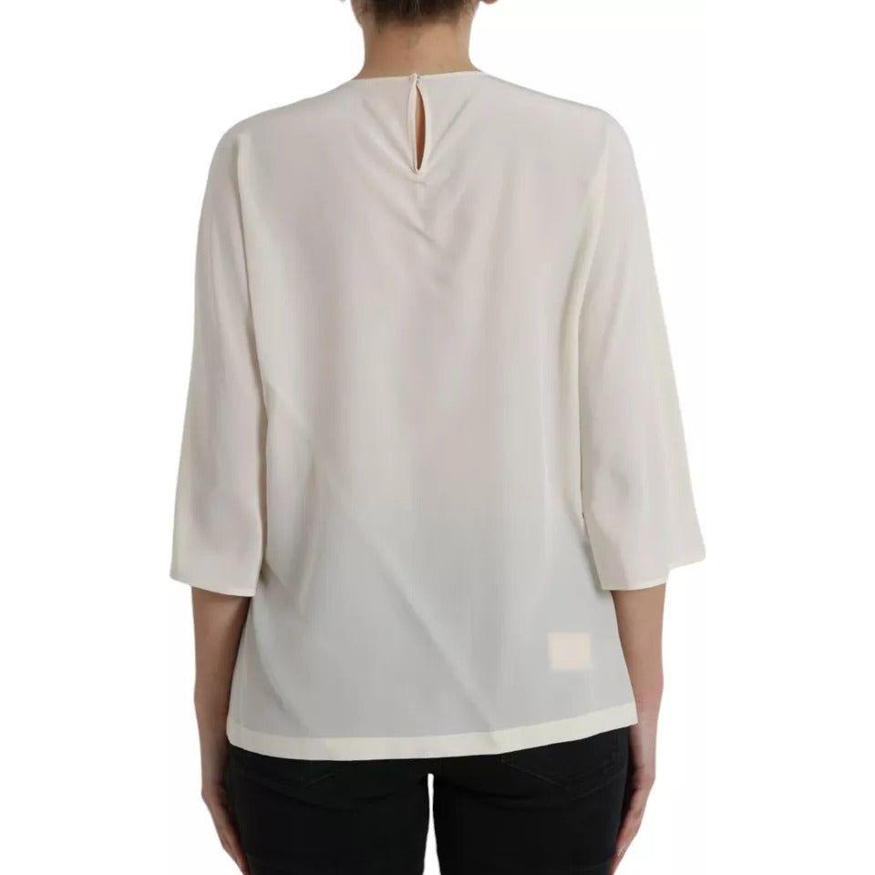 Dolce & Gabbana White Silk Crystal 3/4 Sleeves Blouse Top Dolce & Gabbana Gray
