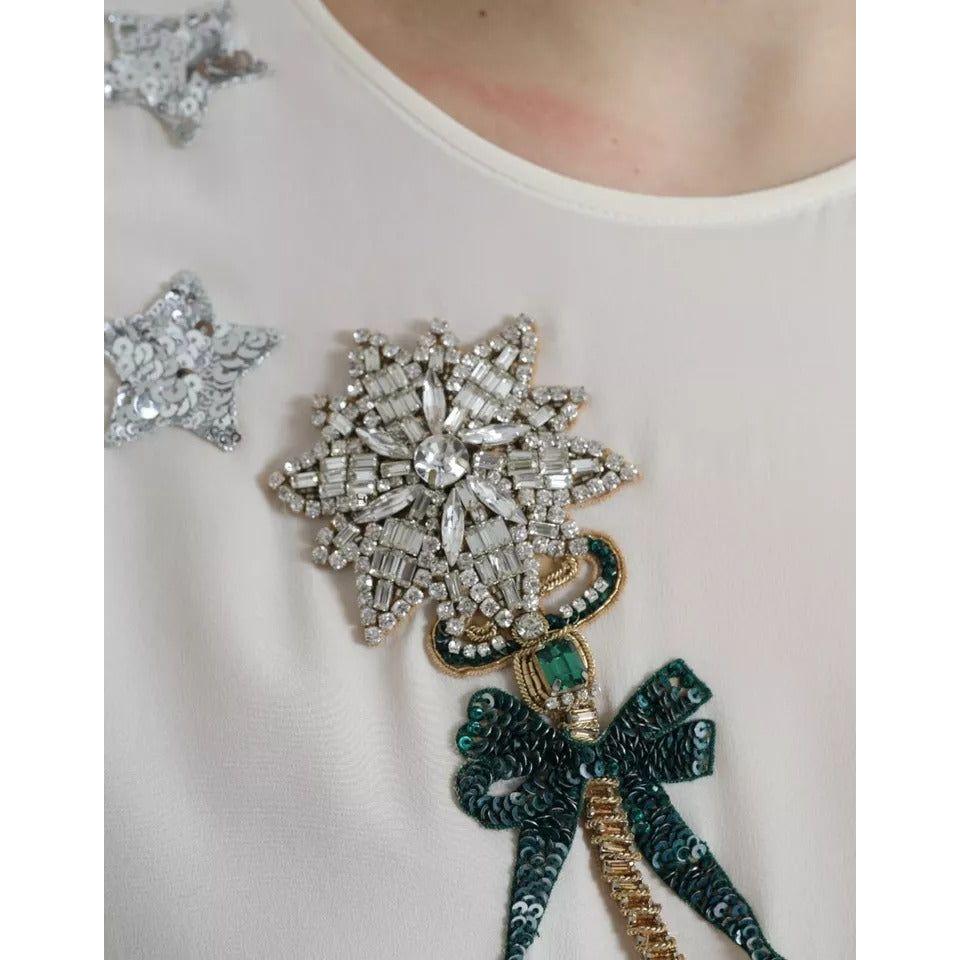 Dolce & Gabbana White Silk Crystal 3/4 Sleeves Blouse Top Dolce & Gabbana Gray