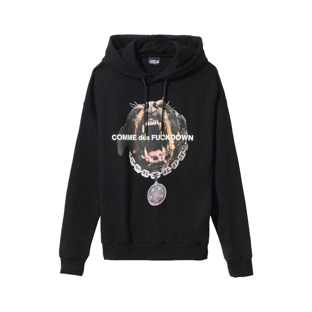 Comme Des Fuckdown black cotton hoodie with dog print and drawstring front view