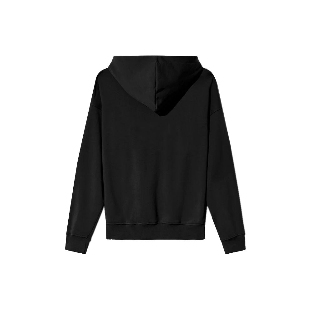 Comme Des Fuckdown black cotton hoodie with drawstring, featuring a dog print on the front, shown from the back view.