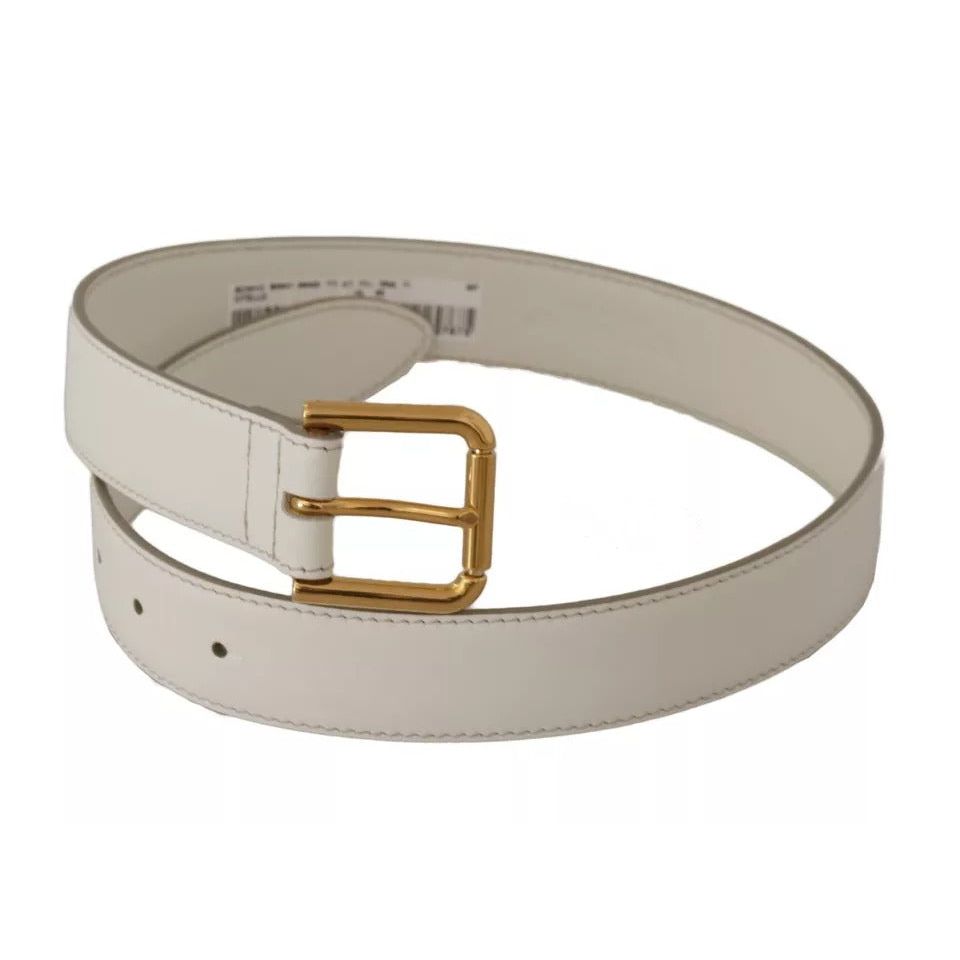 Dolce & Gabbana White Leather Gold Logo Engraved Metal Buckle Belt BEL8707-65
