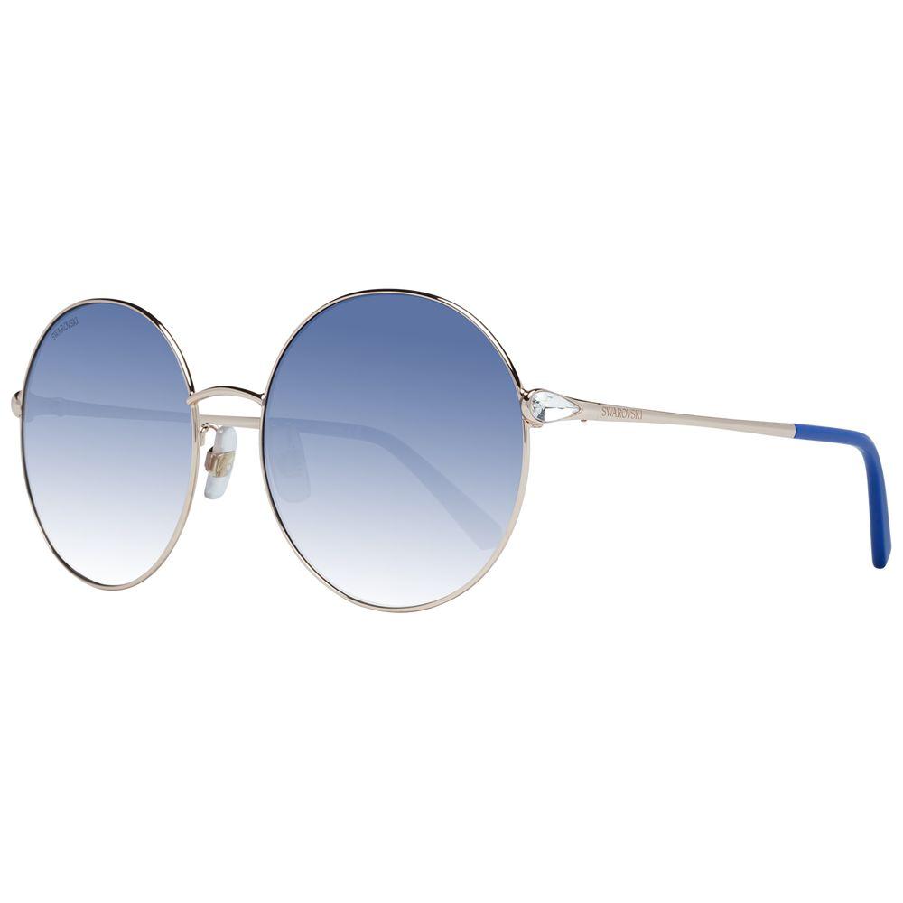 Round Swarovski sunglasses with rose gold metal frame and gradient blue lenses, offering 100% UVA & UVB protection. Size 59-18-140.