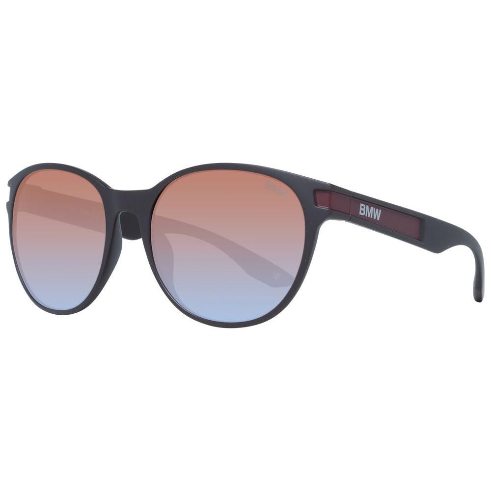 BMW round brown men's sunglasses with mirrored gradient lenses, plastic frame. 100% UVA & UVB protection. Includes branded case.