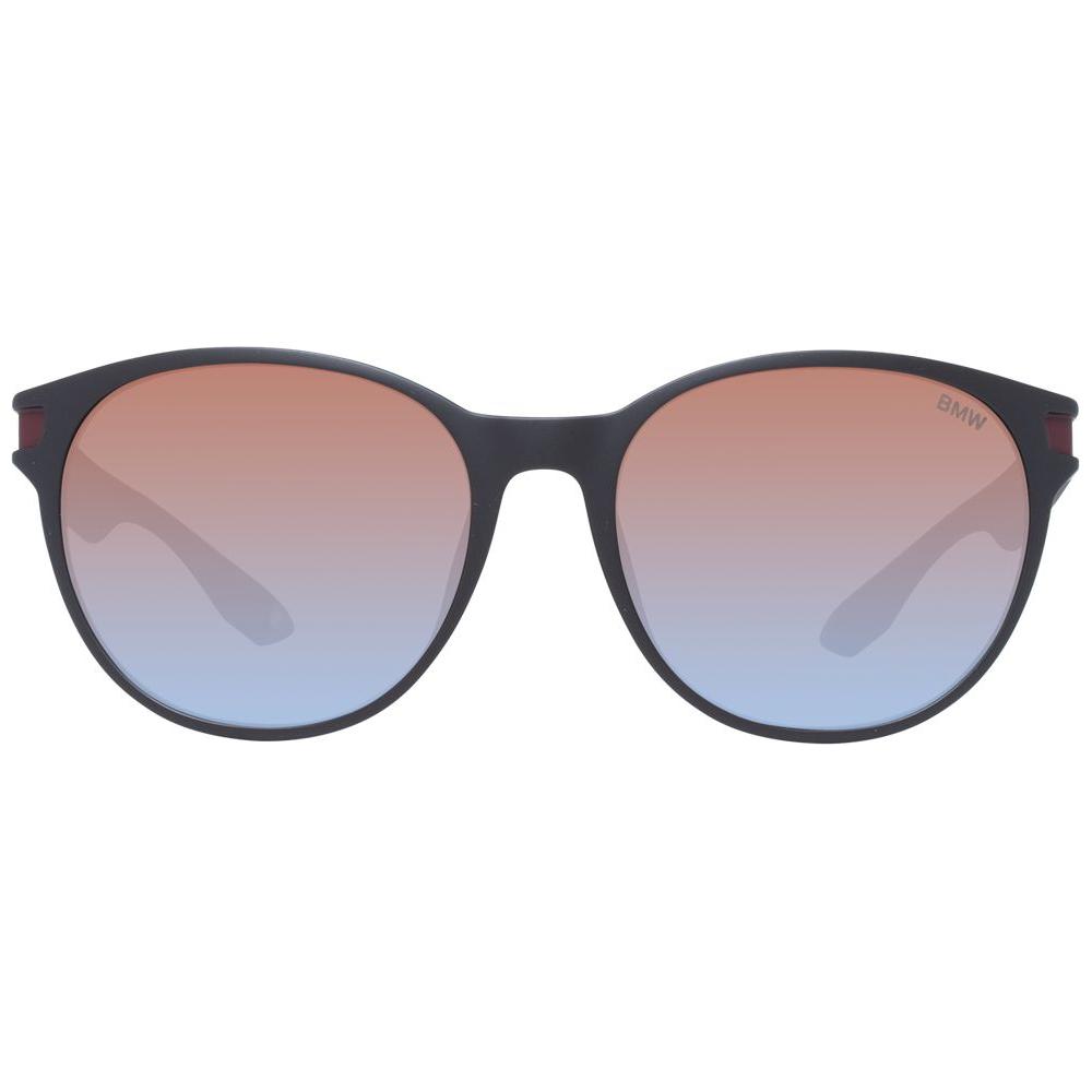 BMW brown men's round sunglasses with mirrored gradient lenses, full-rim plastic frame, 100% UVA & UVB protection, size 57-18-140.