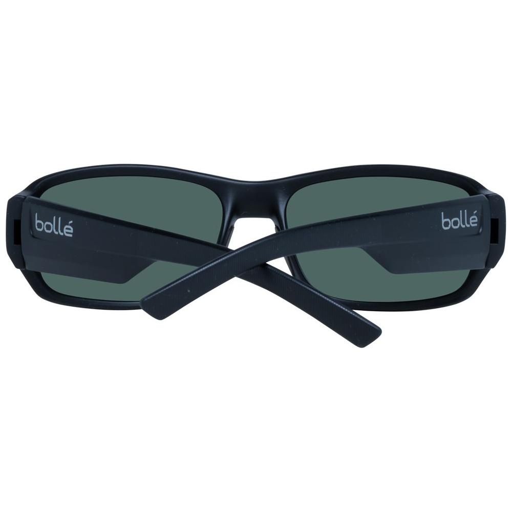 Bolle black unisex sunglasses with grey lenses, UV protection, full-rim plastic frame, and branded case for stylish versatility.