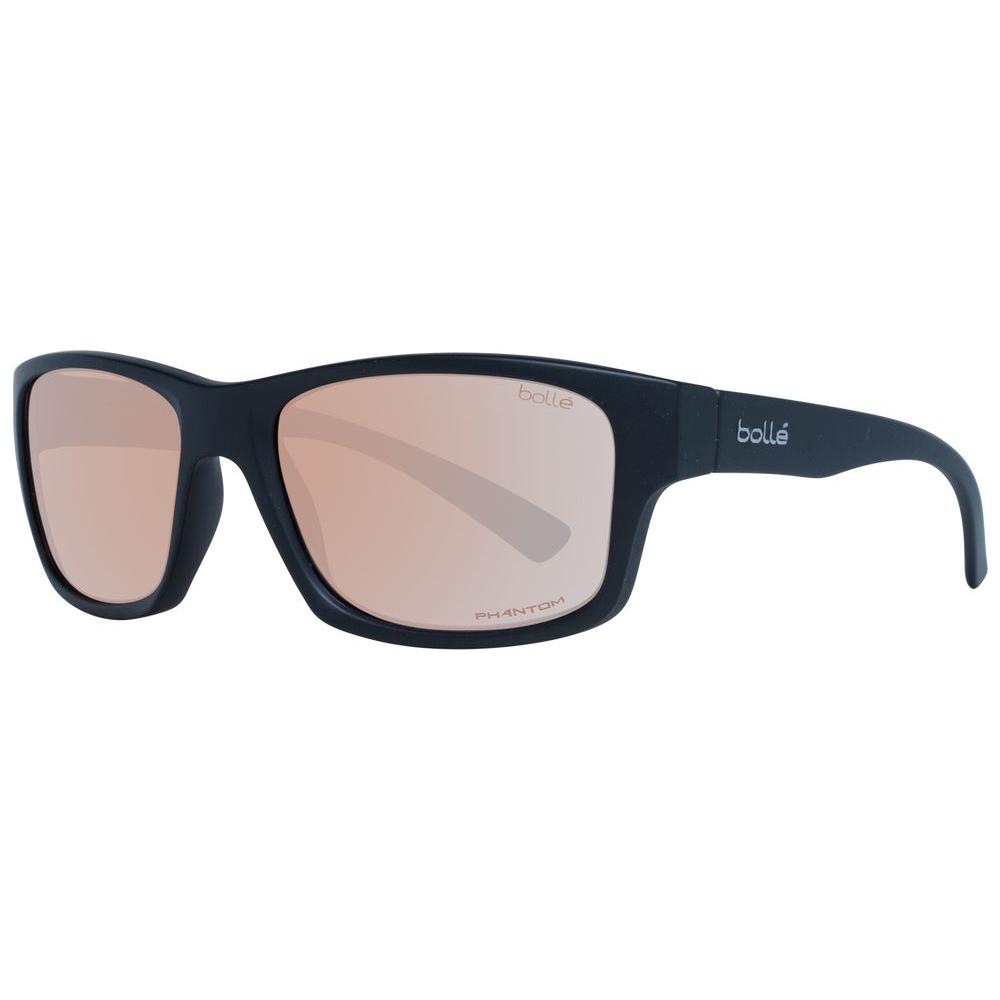 Bolle black unisex trapezium sunglasses with mirrored brown lenses, full-rim plastic frame, 100% UV protection, 56-20-130 size.
