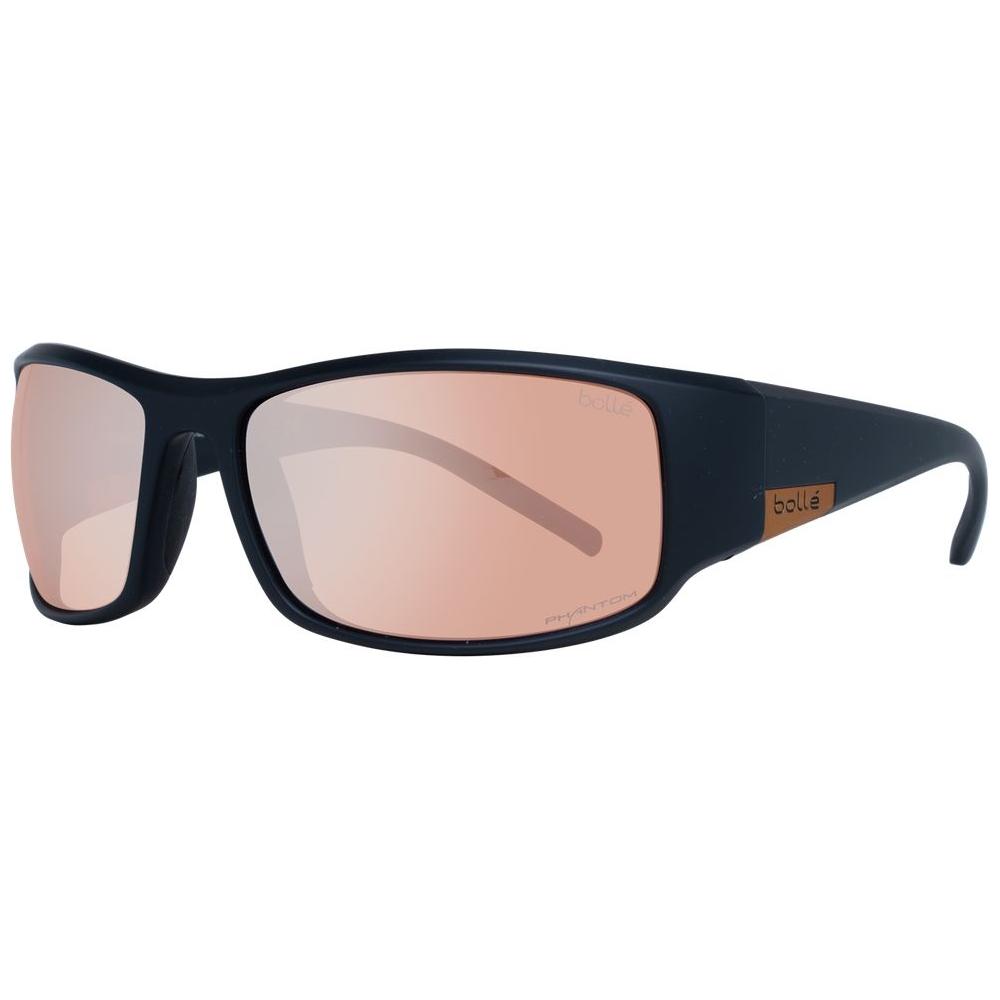 Bolle black unisex sunglasses with mirrored brown lenses, plastic full-rim frame. UV protection, rectangle style, includes branded pouch.