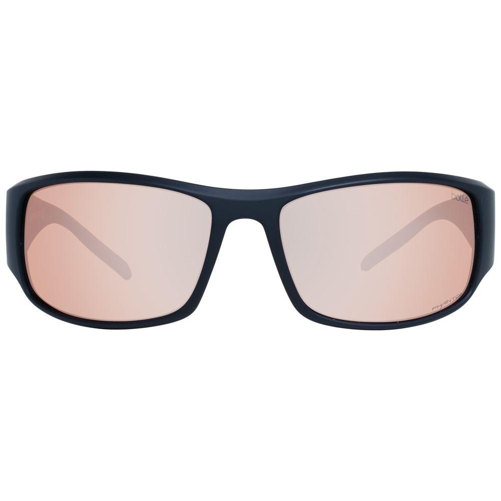 Bolle black unisex sunglasses with brown mirrored lenses, rectangular full-rim frame, and 100% UVA/UVB protection.