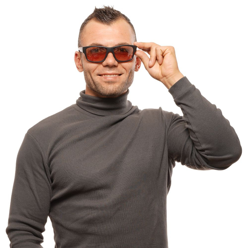 Man wearing Bolle black unisex sunglasses with brown mirrored lenses, full-rim trapezium style for 100% UVA & UVB protection.