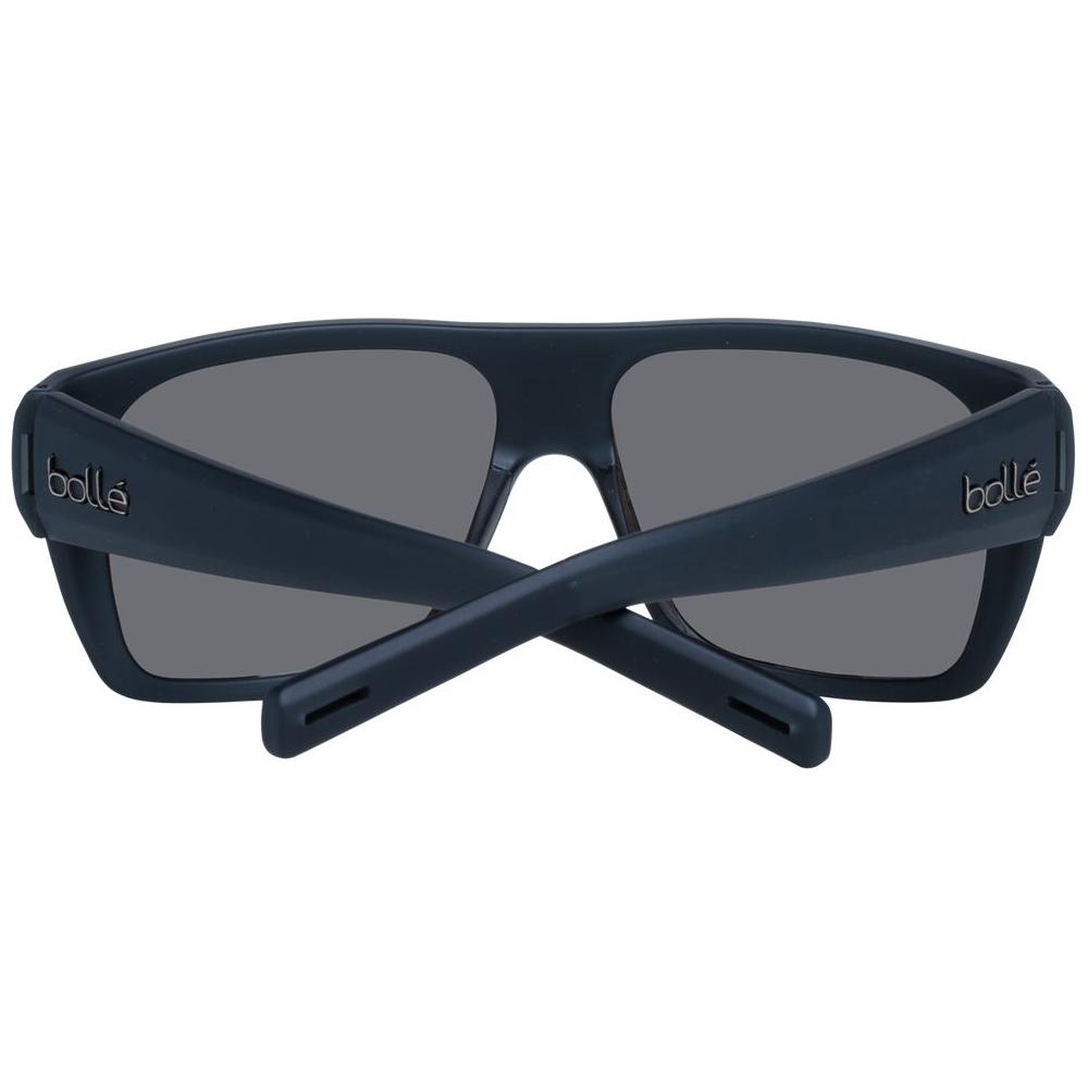 Bolle black unisex polarized rectangle sunglasses, full-rim plastic frame, grey lenses, UVA & UVB protection, includes branded case.