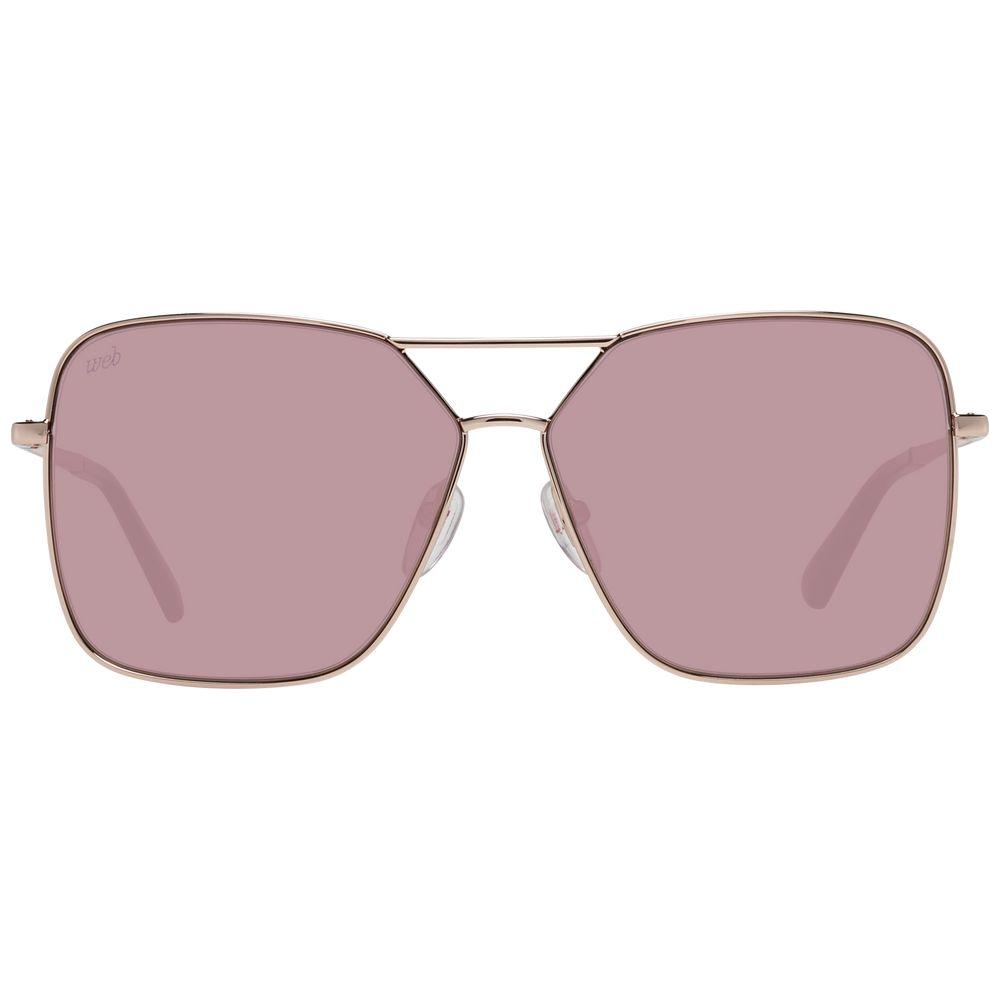Rose gold women's sunglasses with mirrored purple rectangle lenses, metal full-rim frame for UVA & UVB protection.