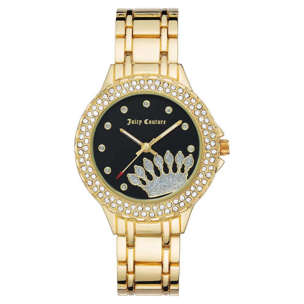Juicy Couture gold women's watch with rhinestone details, black analog face, and metal wristband. Fashionable and elegant design.