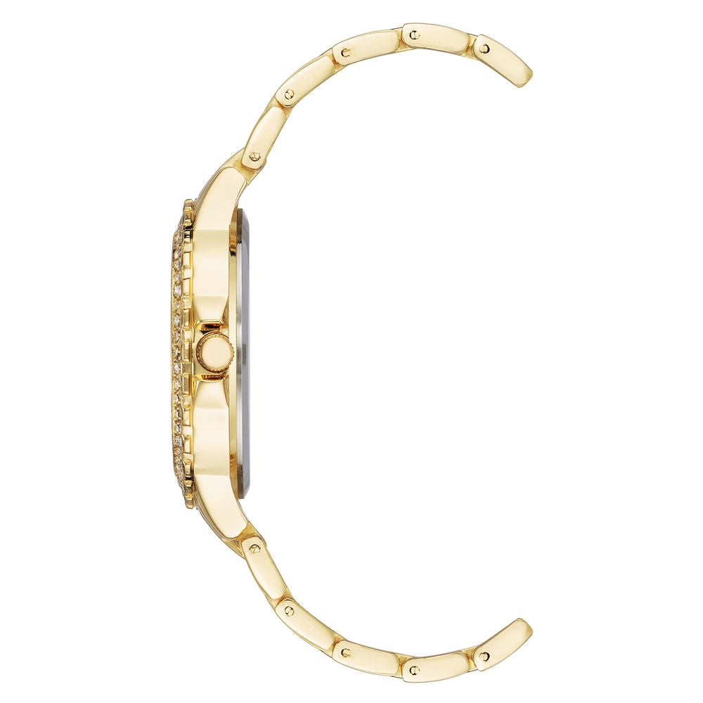 Side view of Juicy Couture gold women's watch with metal wristband and rhinestone accents.