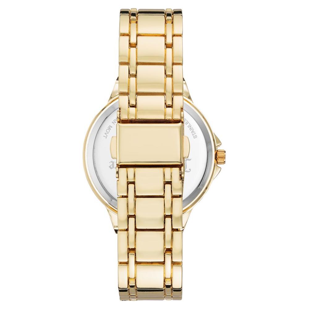 Back view of Juicy Couture Gold Women's Watch with metal wristband and folding clasp, showcasing its luxurious fashion style.