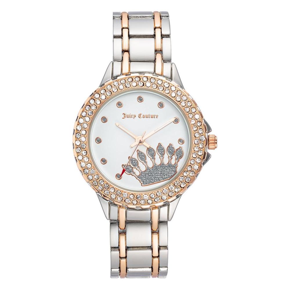 Juicy Couture silver women's watch with rhinestone detail, quartz analog display, and fold-over clasp, fashion style.