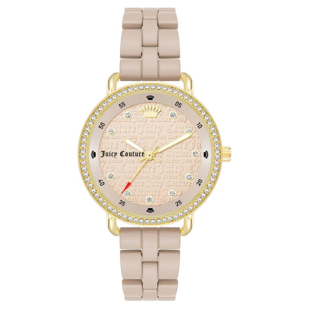 Juicy Couture Gold Women's Watch with beige metal strap, rhinestone face, analog display, quartz movement, and included watch box.