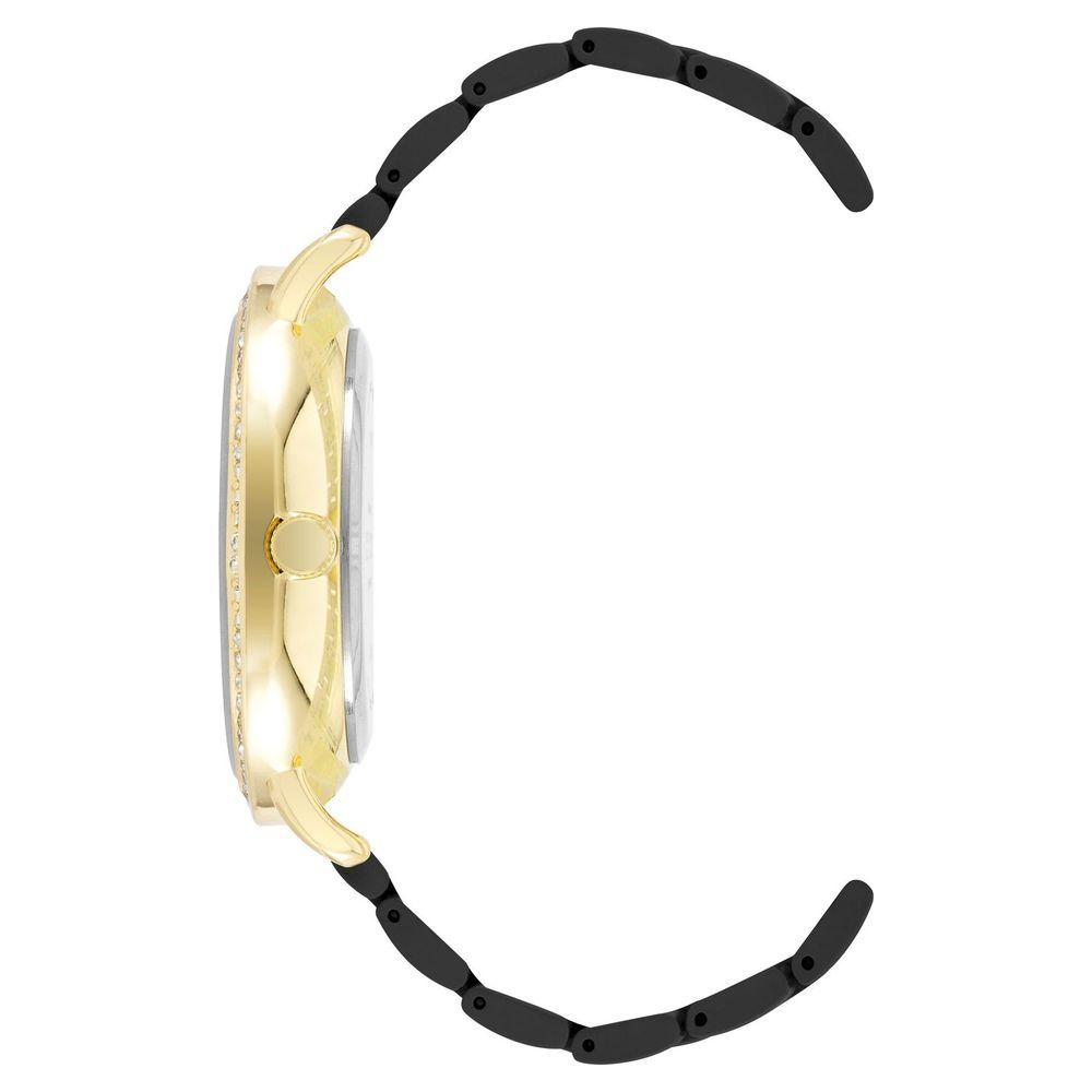 Side view of Juicy Couture Gold Women Watch with black metal strap and rhinestone facing. Fashionable analog quartz design for women.