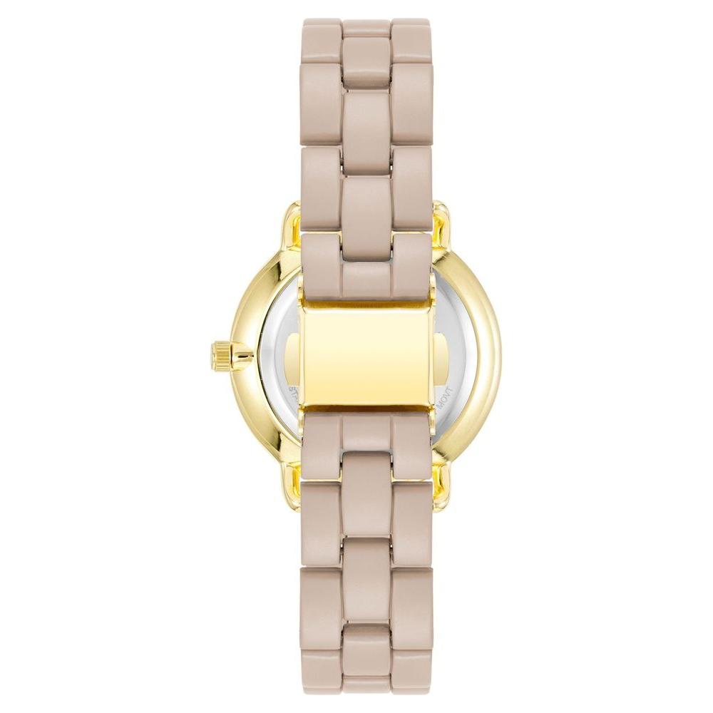 Back view of Juicy Couture Gold Women's Watch with beige metal strap, featuring a fold-over clasp and rhinestone accents.